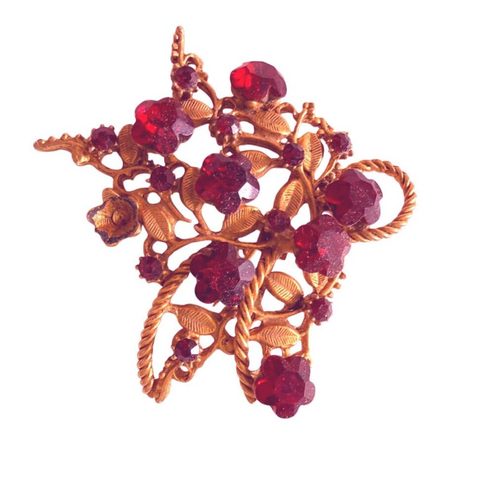Vintage Red Rhinestone Gold Tone Floral Brooch Pin 2.5"